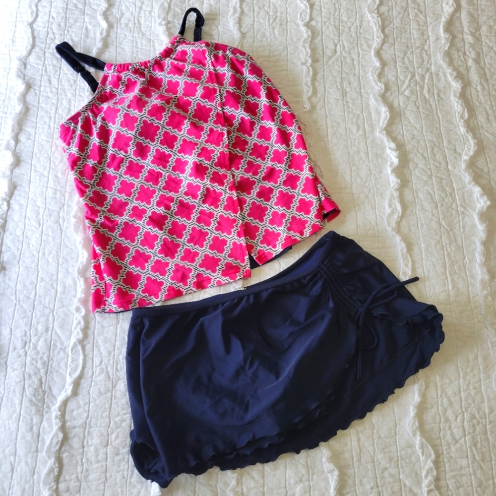 crown & ivy Pink Mosaic Tankini Top with Navy Skirted Bottom